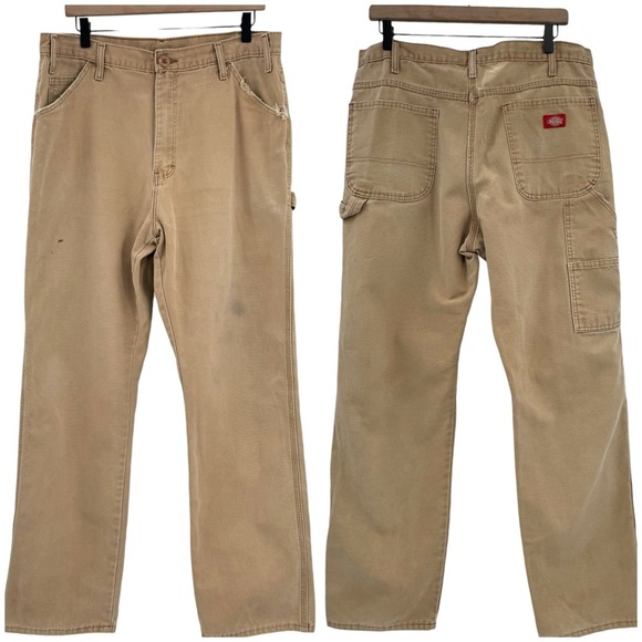 Dickie's Carpenter Pants Heavy Canvas Workwear Cargo Tan Brown 100% Cotton | 34 - Picture 1 of 12